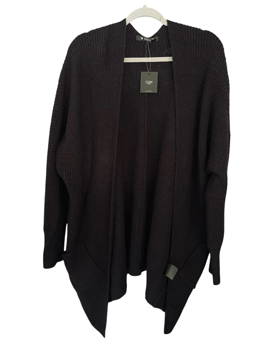 Coin 1804 NWT 1X Black Marled Knit Open Front Pocket Cardigan Wool Blend
